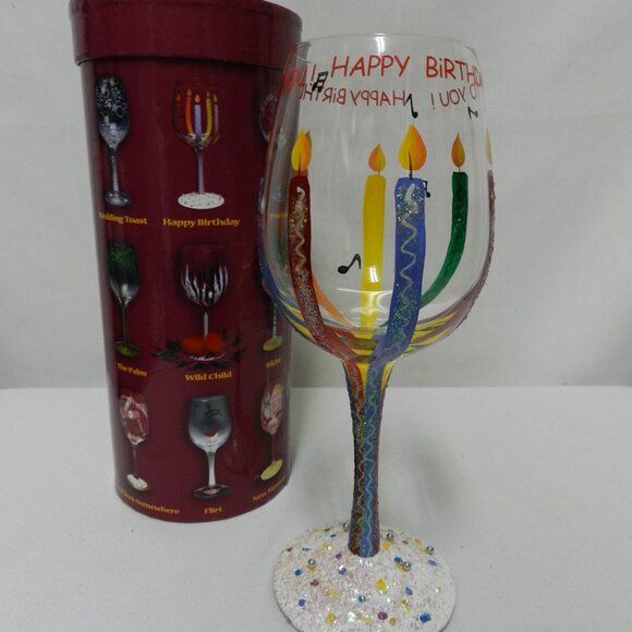 Lolita Happy Birthday Wine Glass Hand Painted Candles Recipe Bottom 15 oz w/ Box - Picture 3 of 11